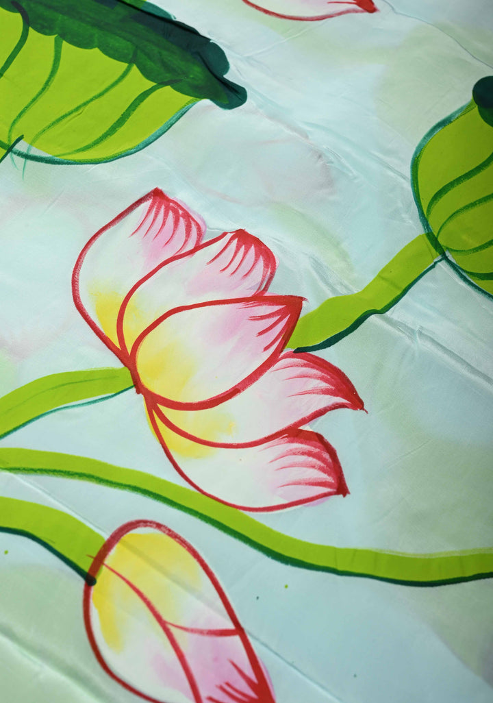 Powder Blue Modal Silk Saree with Lotus Floral Hand Painted and Gotta Lace Border