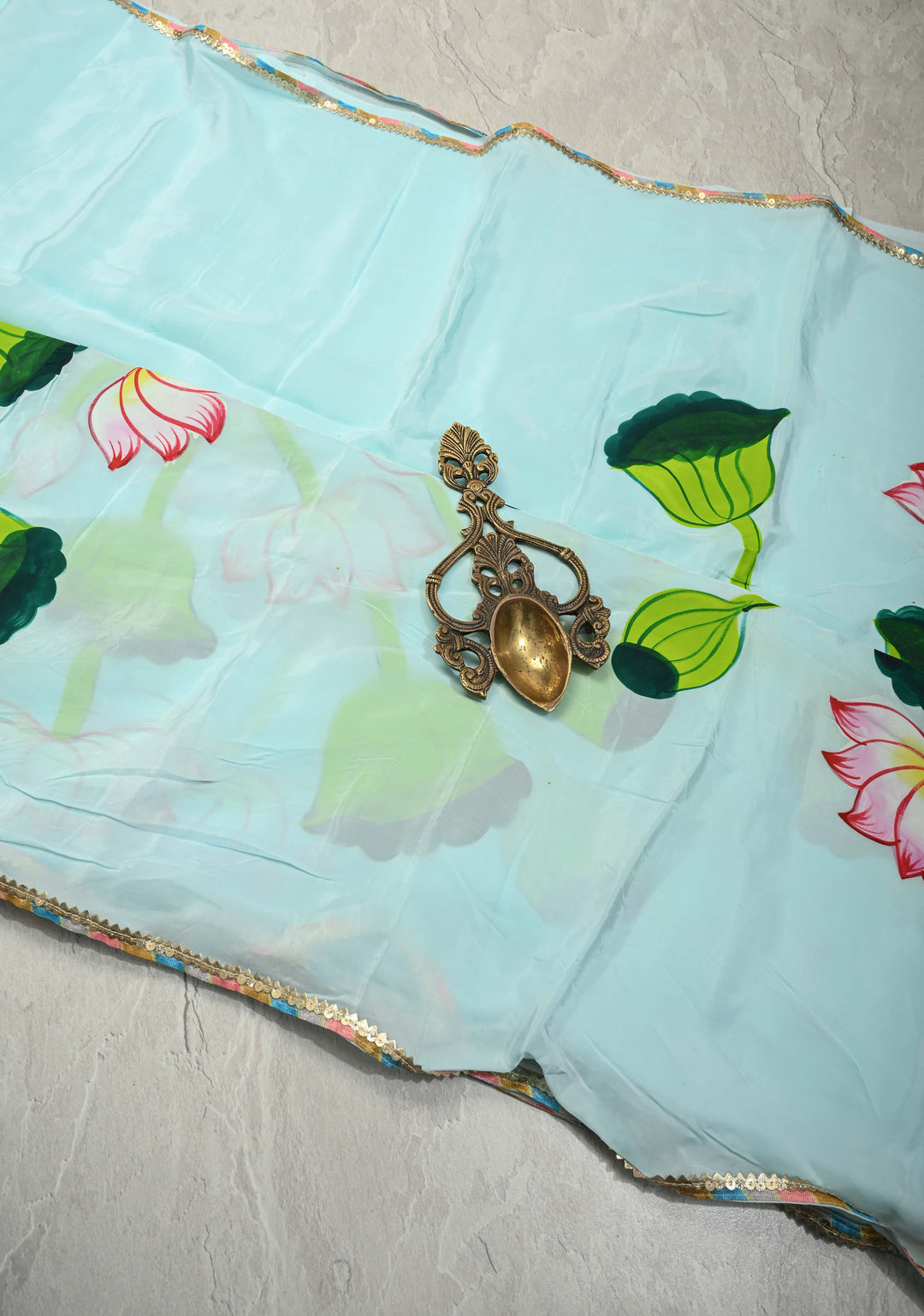 Powder Blue Modal Silk Saree with Lotus Floral Hand Painted and Gotta Lace Border