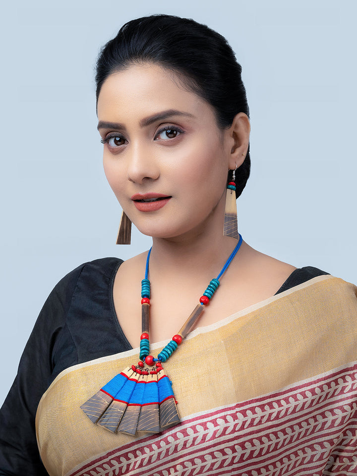 Handmade Sky Blue Red Bamboo Tribal Jewellery Set | SHOBITAM