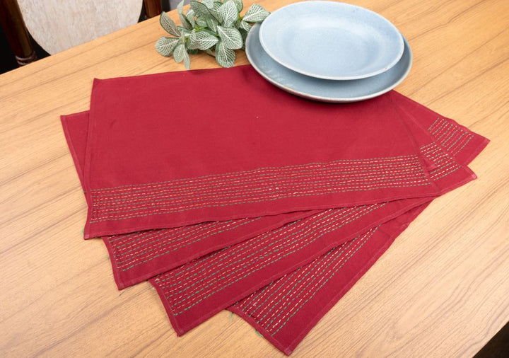 Maroon Kantha Cotton Table Mats- 4Pack | SHOBITAM