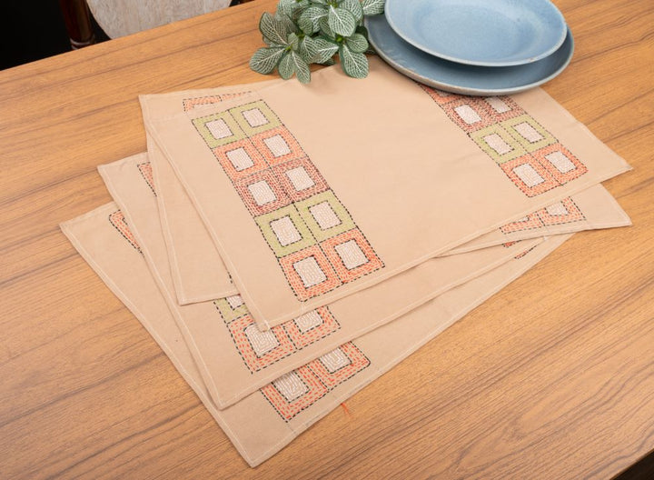 Beige Kantha Cotton Table Mats- 4Pack | SHOBITAM