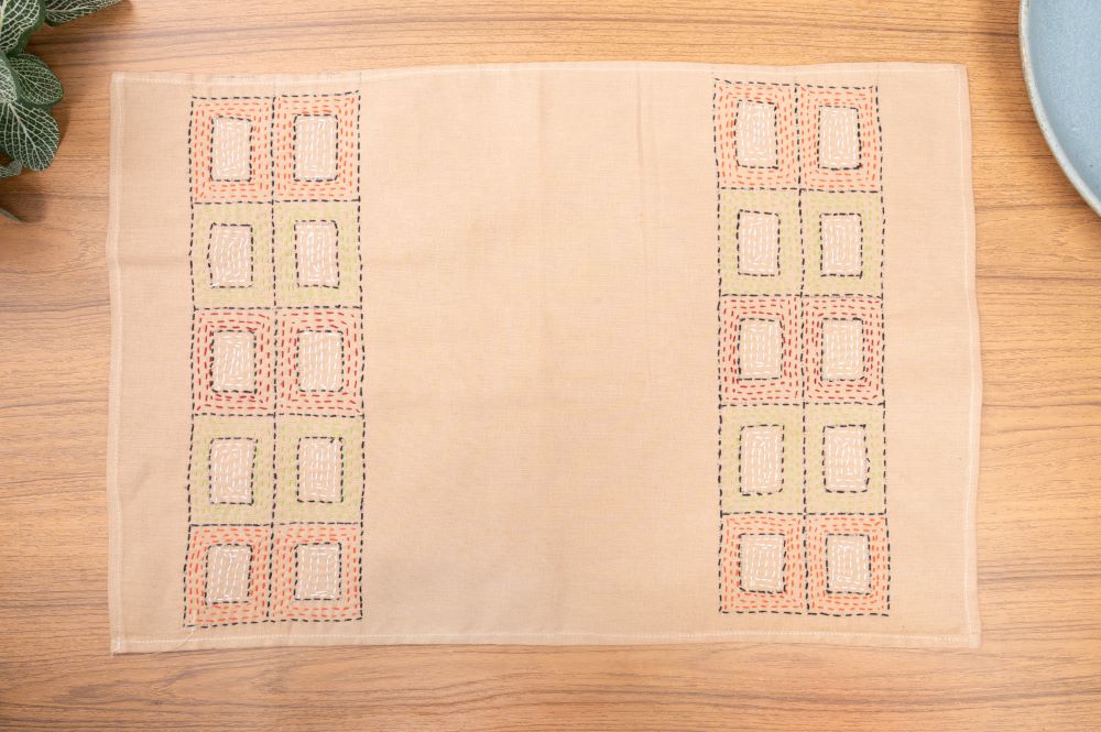 Beige Kantha Cotton Table Mats- 4Pack | SHOBITAM