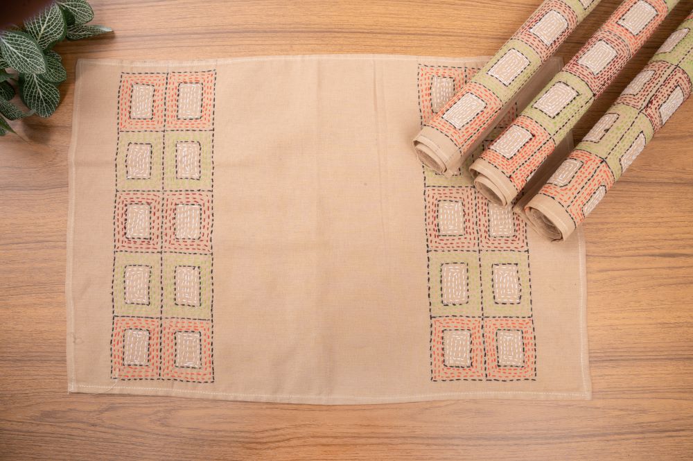 Beige Kantha Cotton Table Mats- 4Pack | SHOBITAM