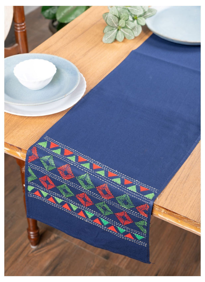 Blue Diamonds Kantha Cotton Dining Table Runner | SHOBITAM