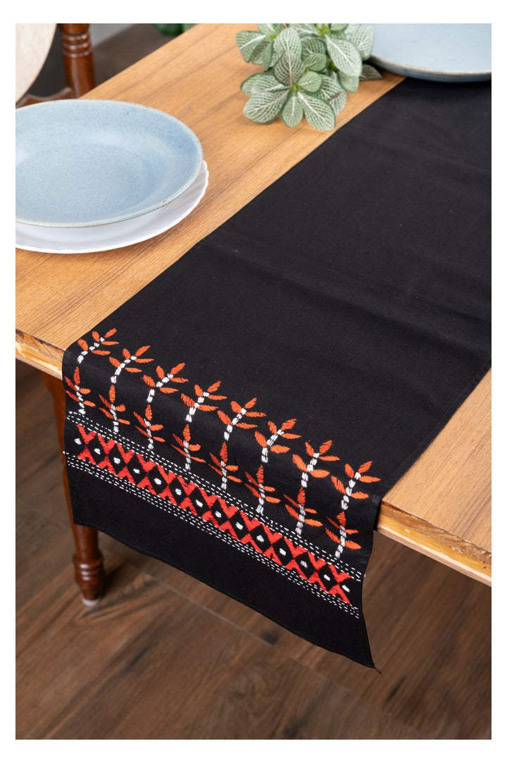 Black Floral Kantha Cotton dining Table Runner | SHOBITAM
