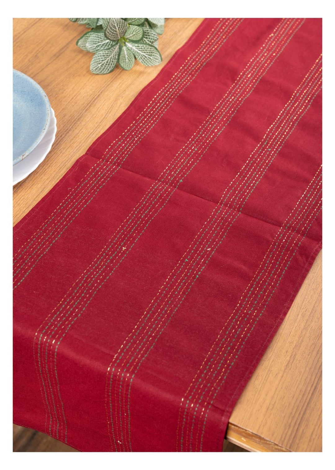 Maroon Zari Kantha Stitch Cotton dining Table Runner | SHOBITAM