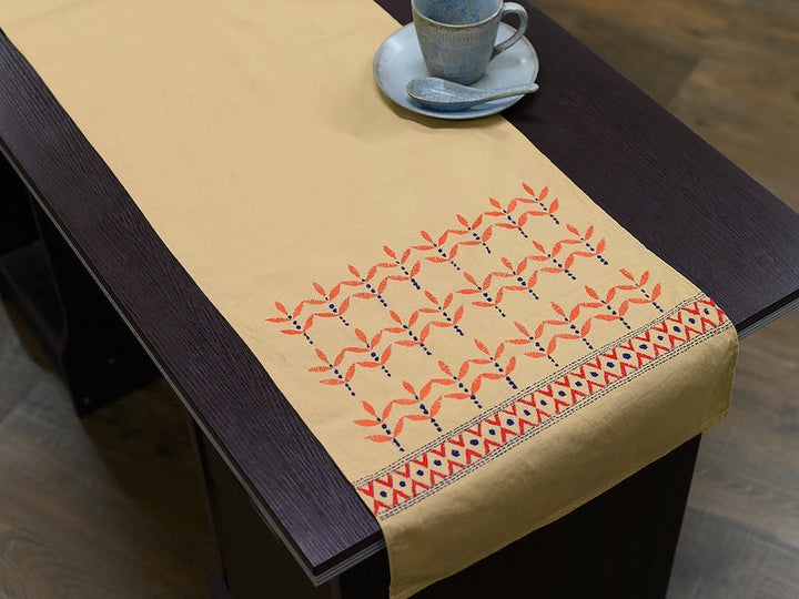 Beige Orange Kantha Cotton dining Table Runner | SHOBITAM