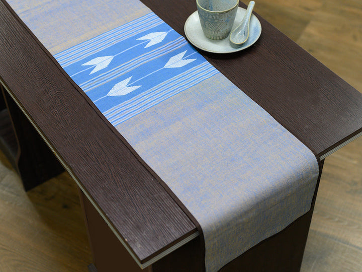 Blue Brown Jamdani Cotton Table Runner | SHOBITAM