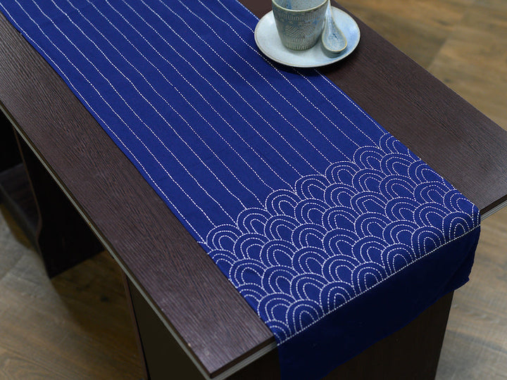 Navy Kantha Cotton dining Table Runner | SHOBITAM