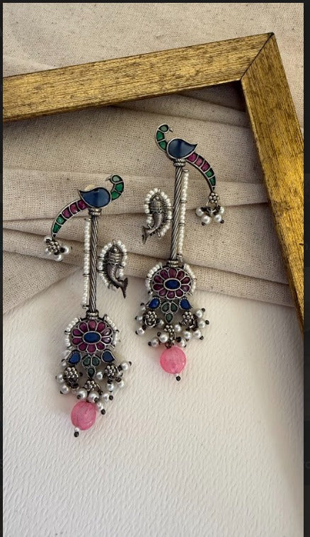 Multicolor Kanmani Peacock Kundan & Pearl Statement Earrings | SHOBITAM