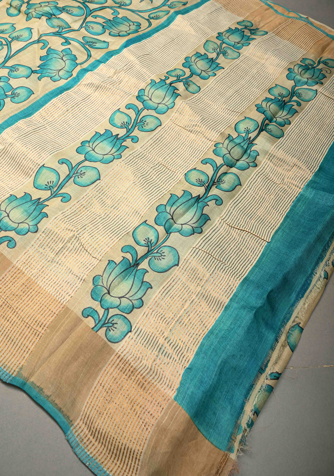 Beige Jari Tussar Saree with Floral Kalamkari Hand Painted and Zari Border | SILK MARK CERTIFIED | SHOBITAM