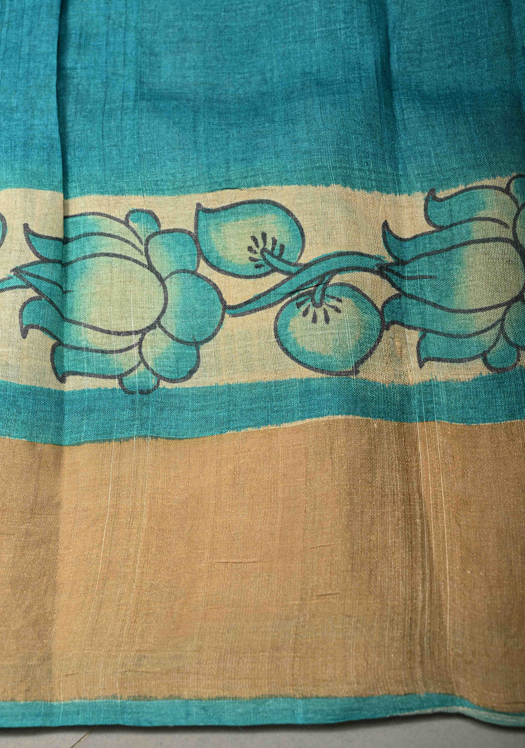Beige Jari Tussar Saree with Floral Kalamkari Hand Painted and Zari Border | SILK MARK CERTIFIED | SHOBITAM