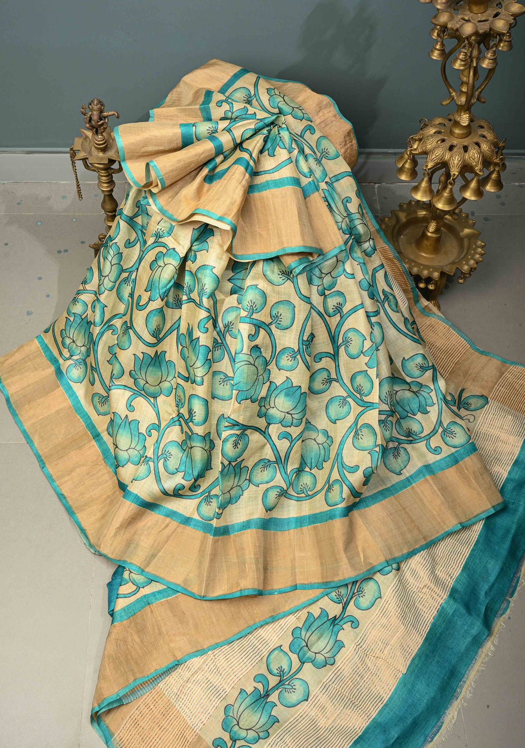 Beige Jari Tussar Saree with Floral Kalamkari Hand Painted and Zari Border | SILK MARK CERTIFIED | SHOBITAM