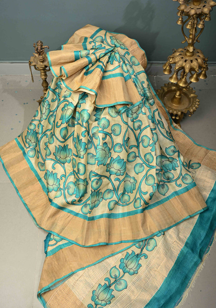 Beige Jari Tussar Saree with Floral Kalamkari Hand Painted and Zari Border | SILK MARK CERTIFIED | SHOBITAM