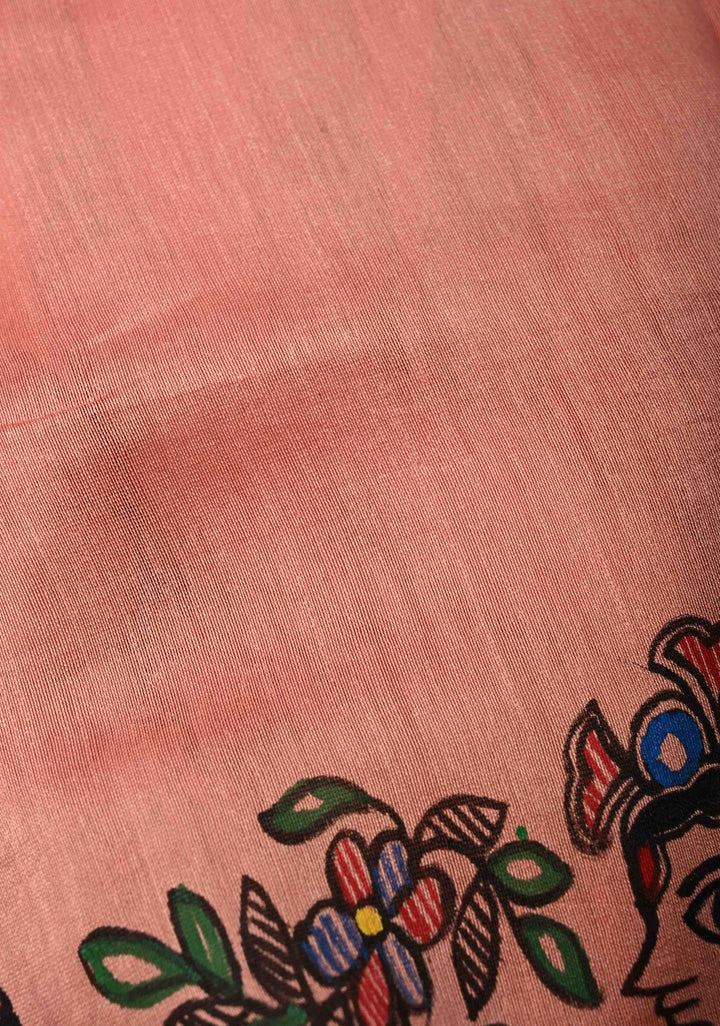 Coral Pink Chanderi Cotton Silk Saree with Madhubani Hand painted and Minimal Zari Border