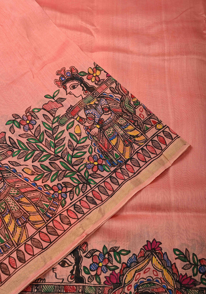 Coral Pink Chanderi Cotton Silk Saree with Madhubani Hand painted and Minimal Zari Border