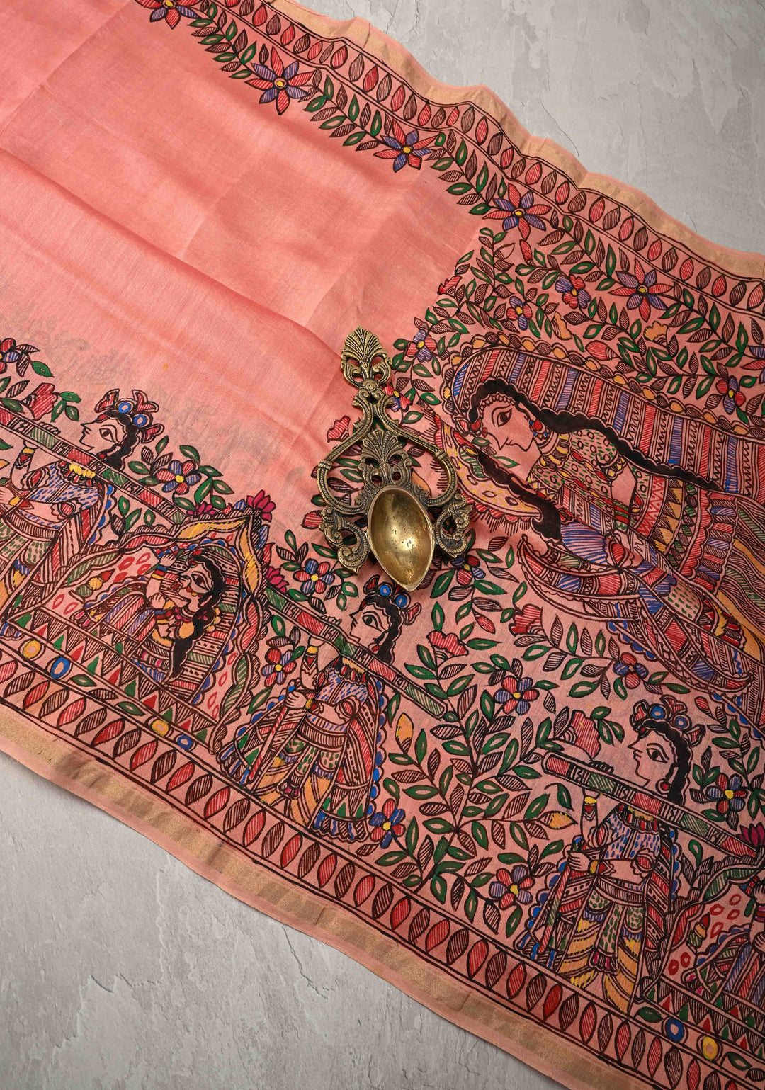 Coral Pink Chanderi Cotton Silk Saree with Madhubani Hand painted and Minimal Zari Border