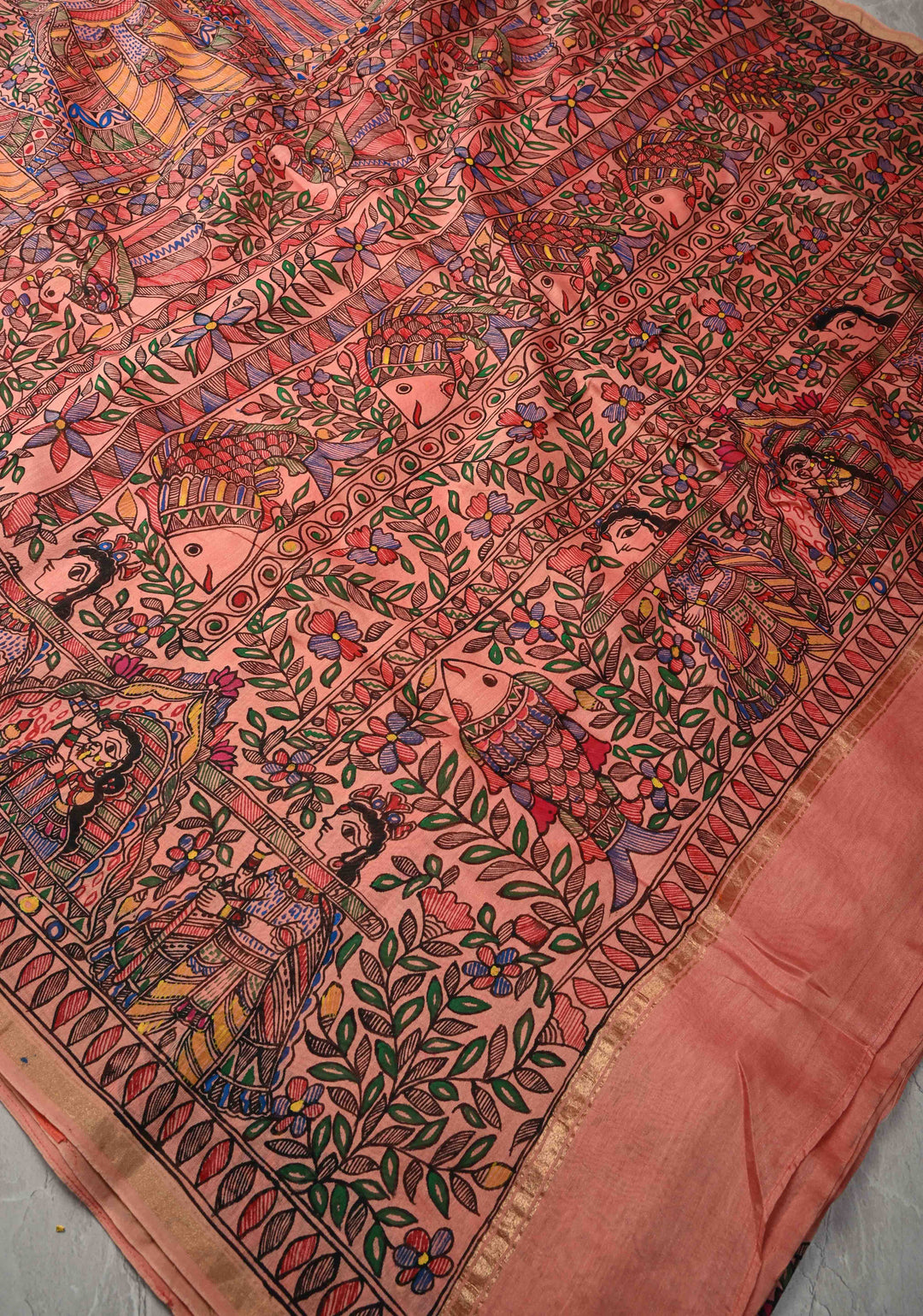 Coral Pink Chanderi Cotton Silk Saree with Madhubani Hand painted and Minimal Zari Border
