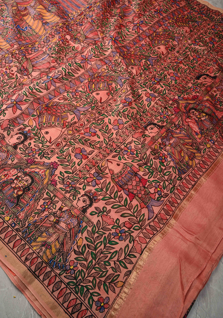 Coral Pink Chanderi Cotton Silk Saree with Madhubani Hand painted and Minimal Zari Border