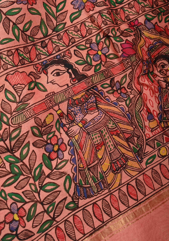 Coral Pink Chanderi Cotton Silk Saree with Madhubani Hand painted and Minimal Zari Border