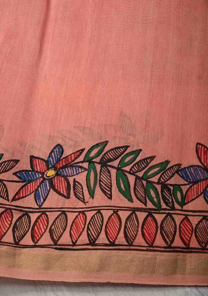 Coral Pink Chanderi Cotton Silk Saree with Madhubani Hand painted and Minimal Zari Border