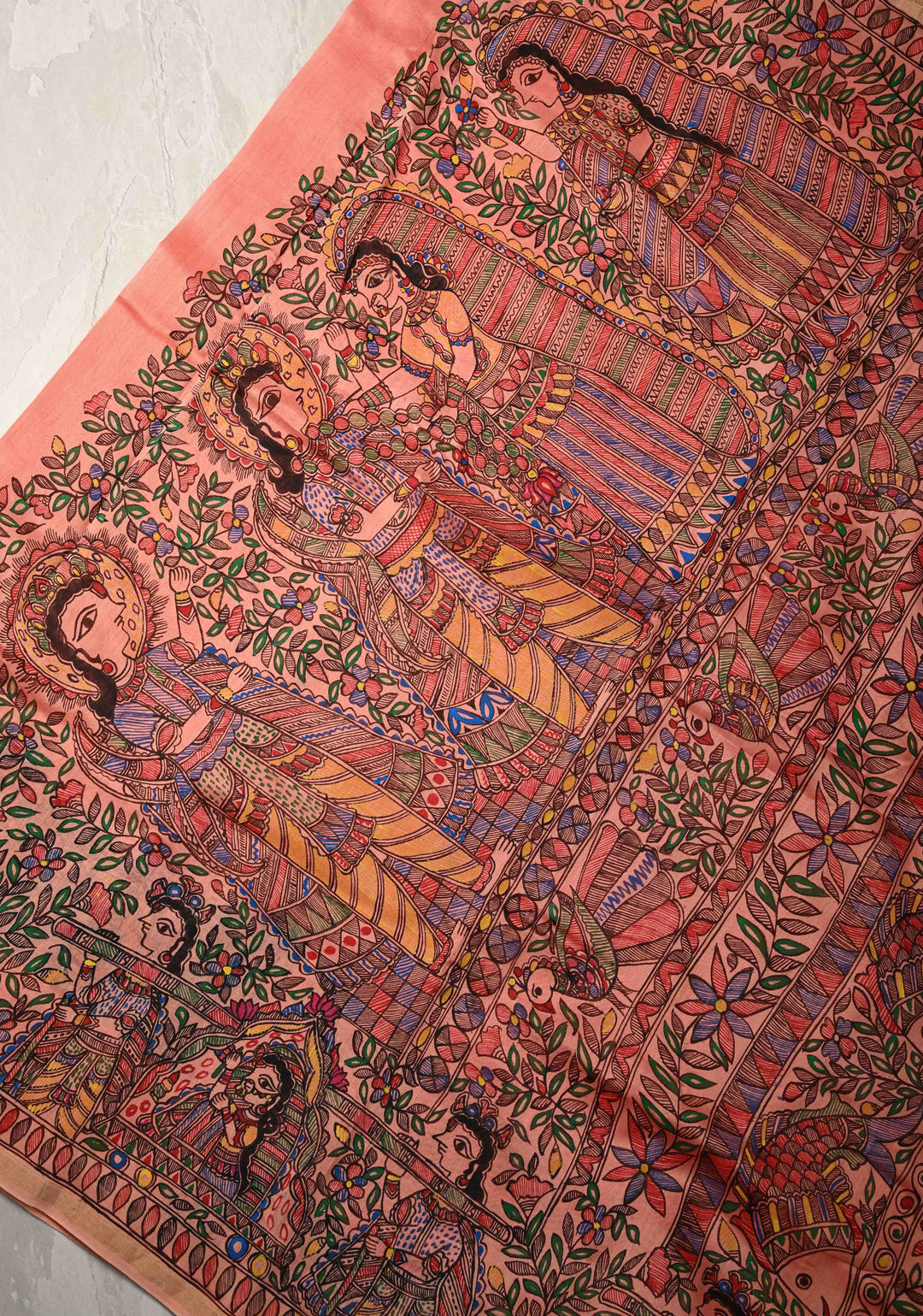 Coral Pink Chanderi Cotton Silk Saree with Madhubani Hand painted and Minimal Zari Border