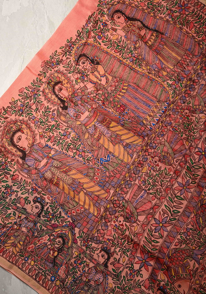 Coral Pink Chanderi Cotton Silk Saree with Madhubani Hand painted and Minimal Zari Border