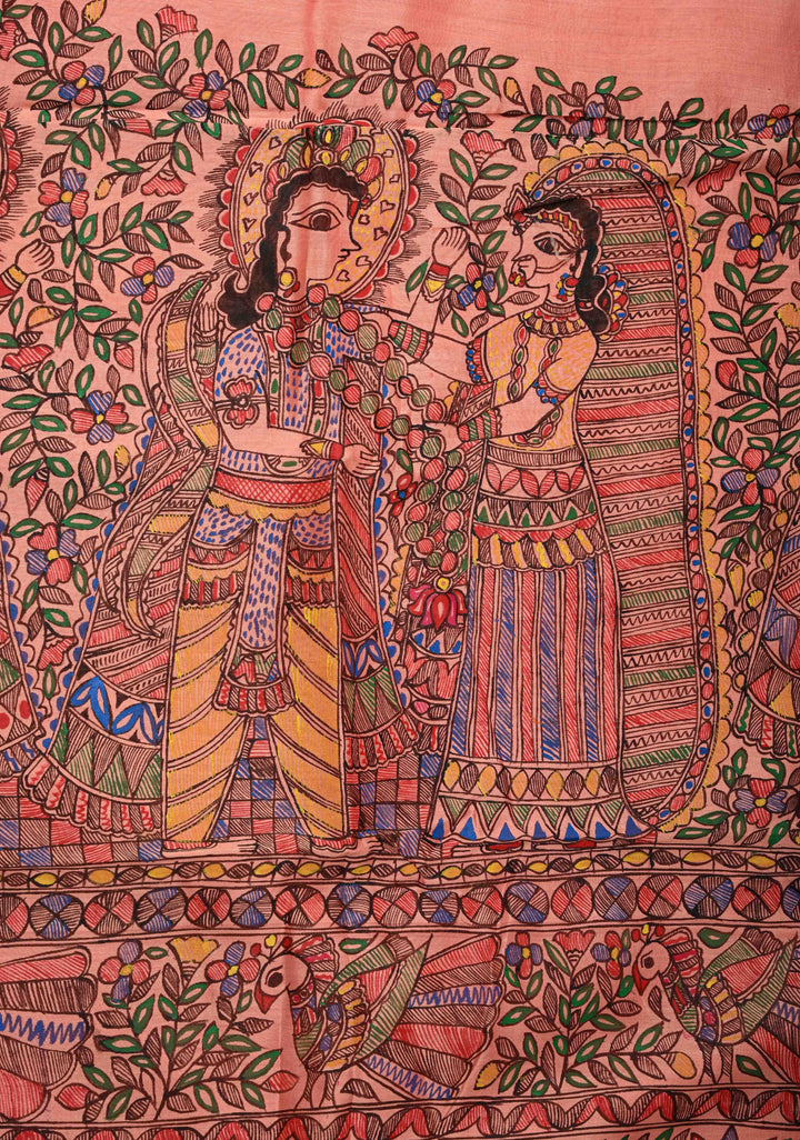 Coral Pink Chanderi Cotton Silk Saree with Madhubani Hand painted and Minimal Zari Border