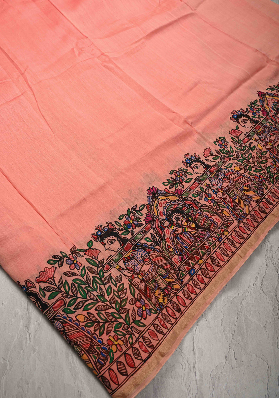 Coral Pink Chanderi Cotton Silk Saree with Madhubani Hand painted and Minimal Zari Border