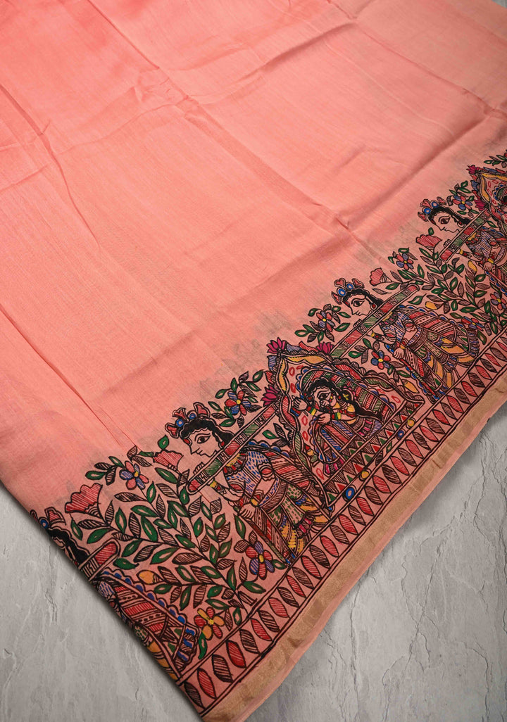 Coral Pink Chanderi Cotton Silk Saree with Madhubani Hand painted and Minimal Zari Border