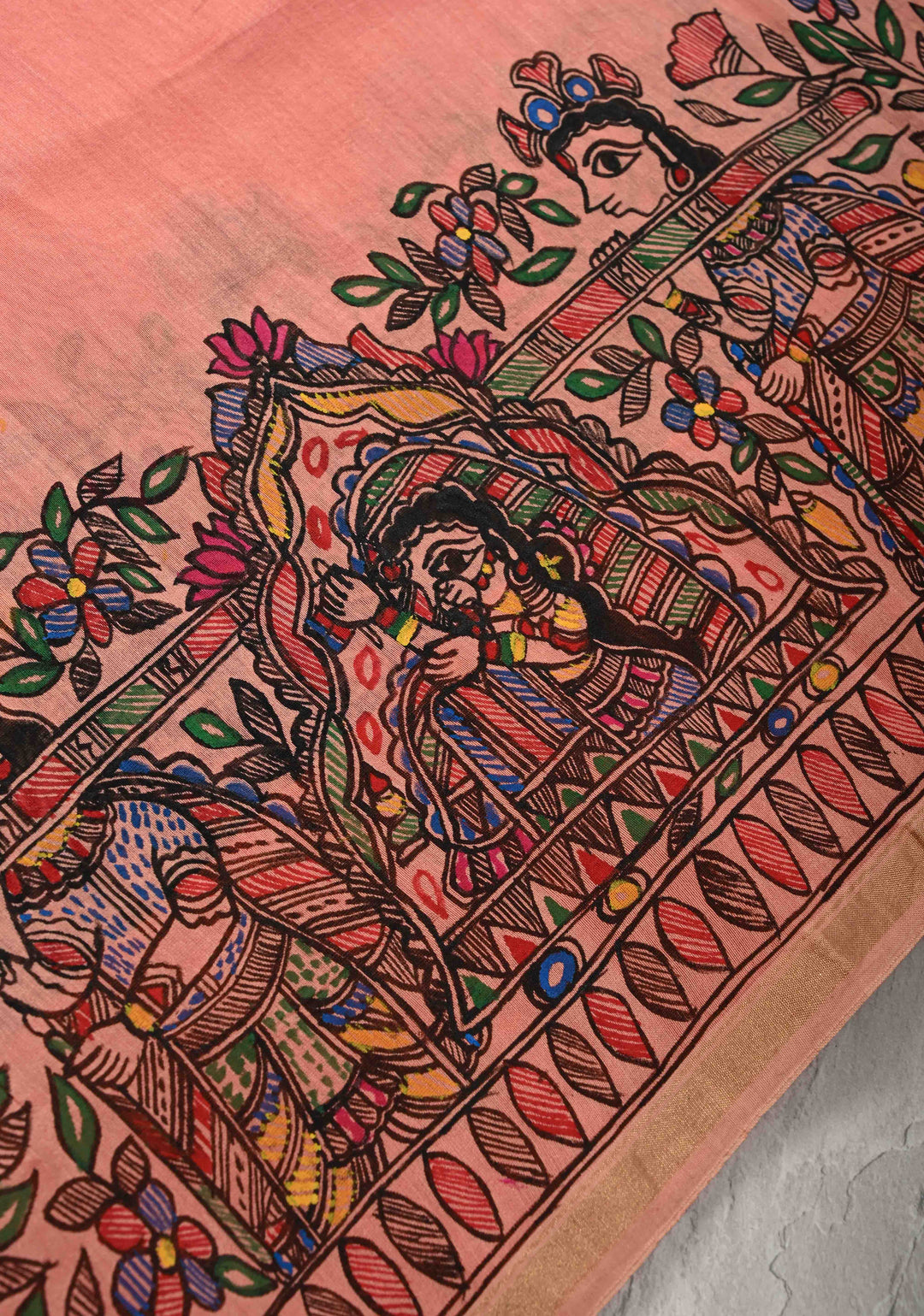 Coral Pink Chanderi Cotton Silk Saree with Madhubani Hand painted and Minimal Zari Border