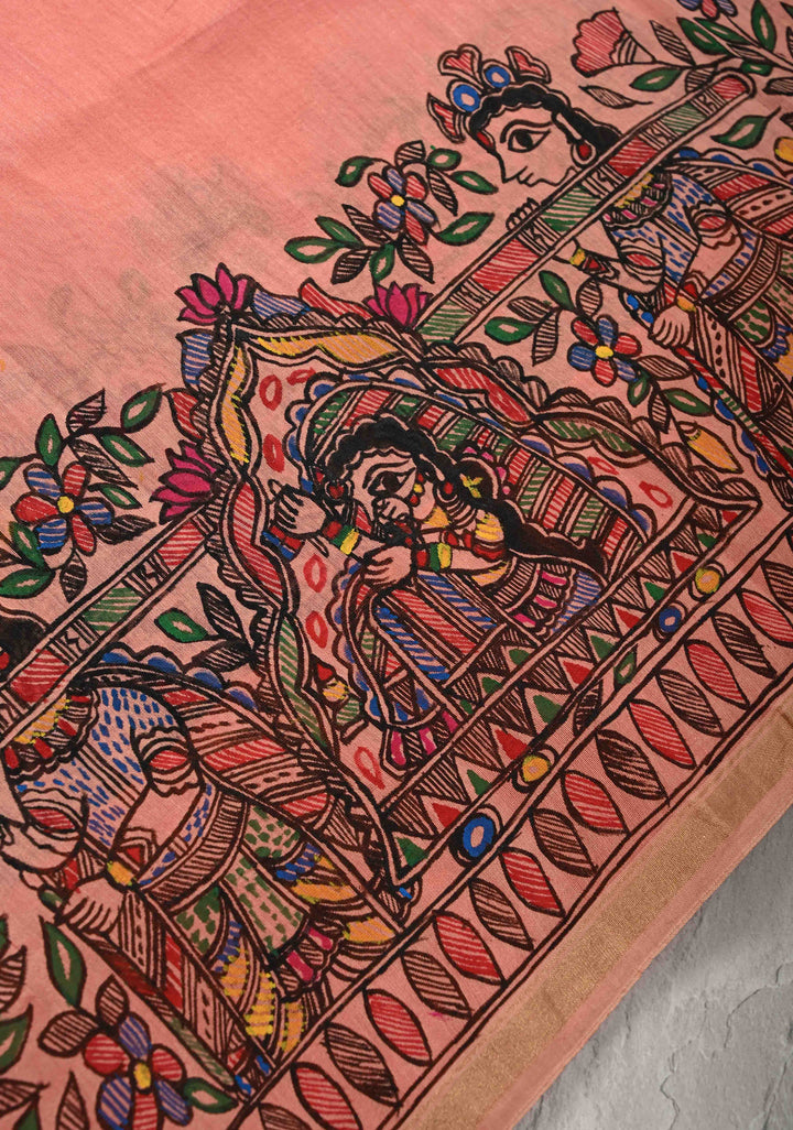 Coral Pink Chanderi Cotton Silk Saree with Madhubani Hand painted and Minimal Zari Border