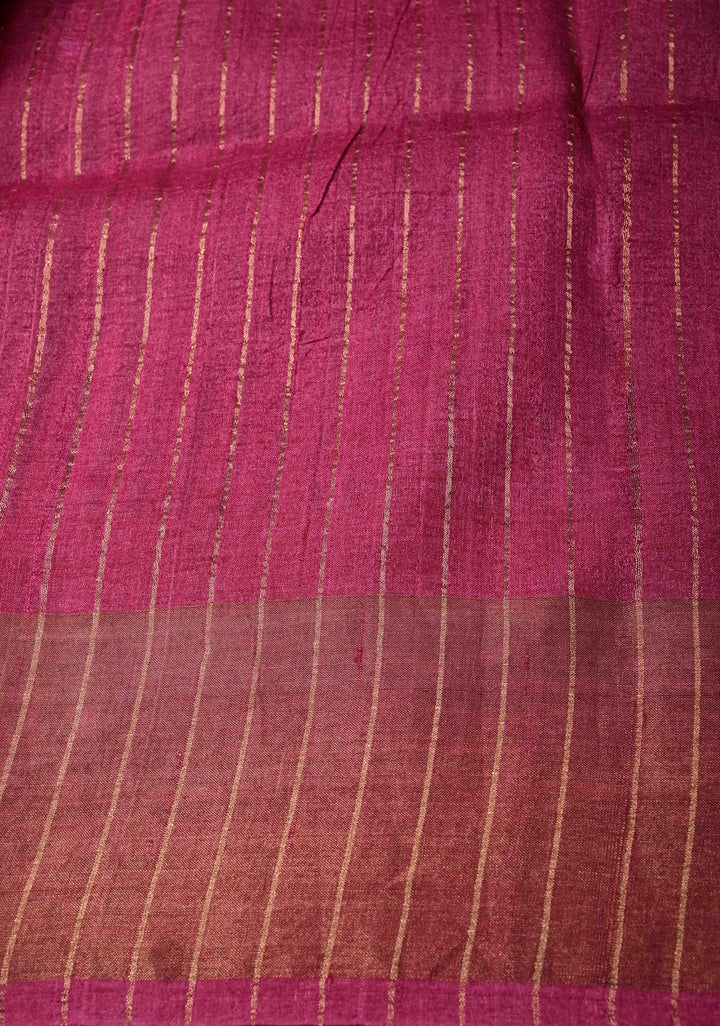 Black-Beige Jari Tussar Silk Saree with Handblock Stripes Pattern and Zari Border | SILK MARK CERTIFIED