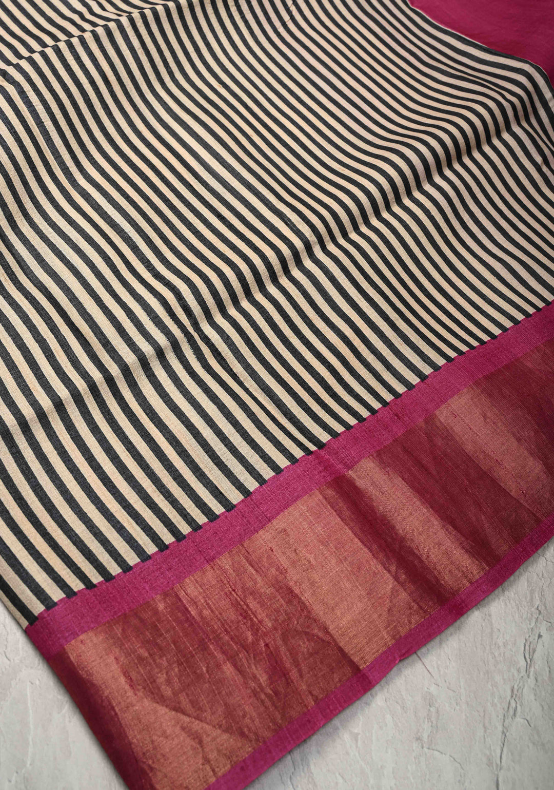 Black-Beige Jari Tussar Silk Saree with Handblock Stripes Pattern and Zari Border | SILK MARK CERTIFIED