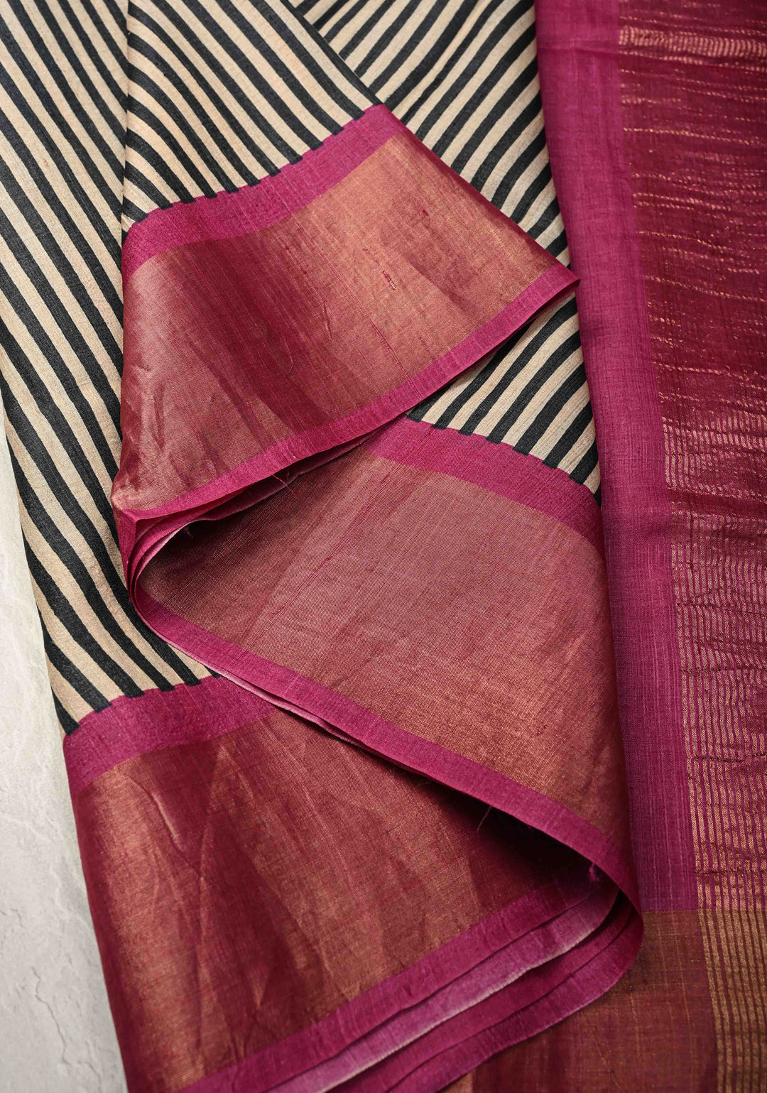 Black-Beige Jari Tussar Silk Saree with Handblock Stripes Pattern and Zari Border | SILK MARK CERTIFIED