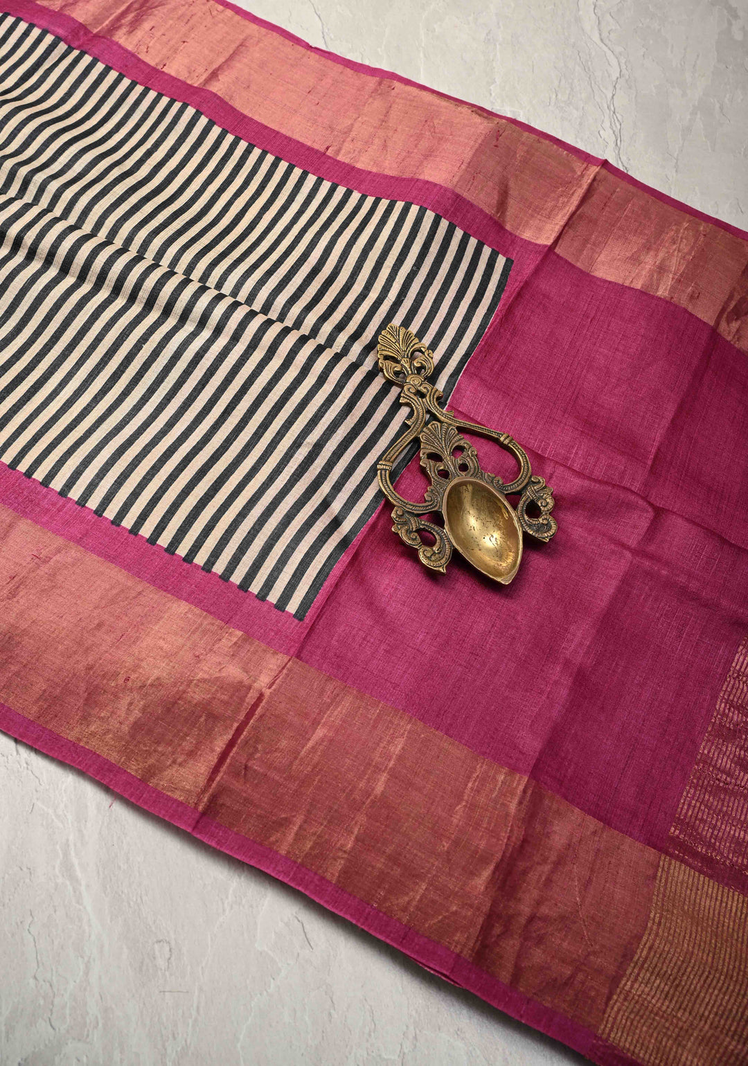 Black-Beige Jari Tussar Silk Saree with Handblock Stripes Pattern and Zari Border | SILK MARK CERTIFIED