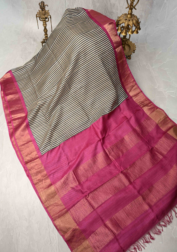 Black-Beige Jari Tussar Silk Saree with Handblock Stripes Pattern and Zari Border | SILK MARK CERTIFIED