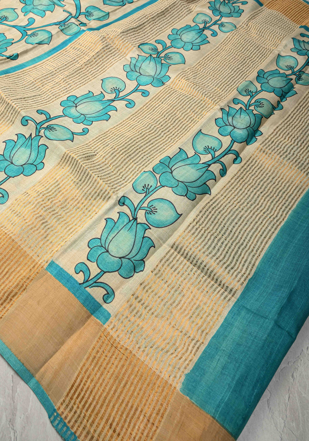Blue Jari Tussar Saree with Kalamkari Hand Painted Kalamakri Floral Design | SILK MARK CERTIFIED (Copy)