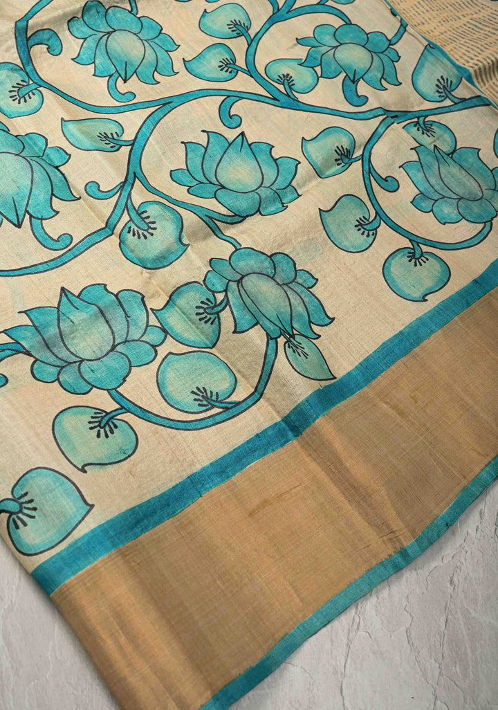 Blue Jari Tussar Saree with Kalamkari Hand Painted Kalamakri Floral Design | SILK MARK CERTIFIED (Copy)