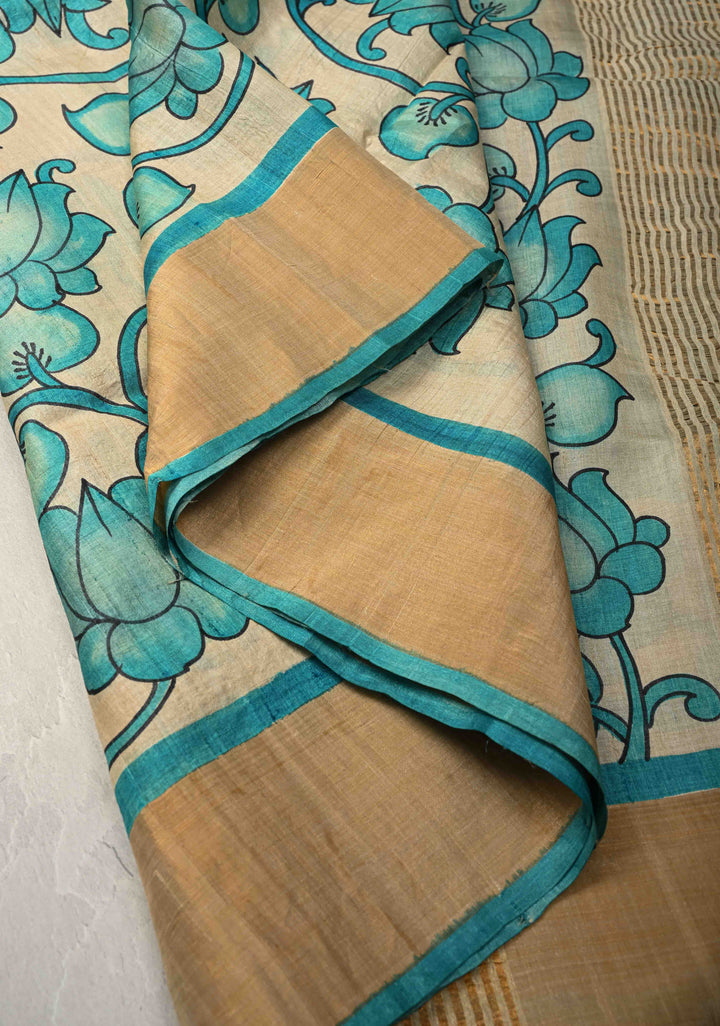 Blue Jari Tussar Saree with Kalamkari Hand Painted Kalamakri Floral Design | SILK MARK CERTIFIED (Copy)
