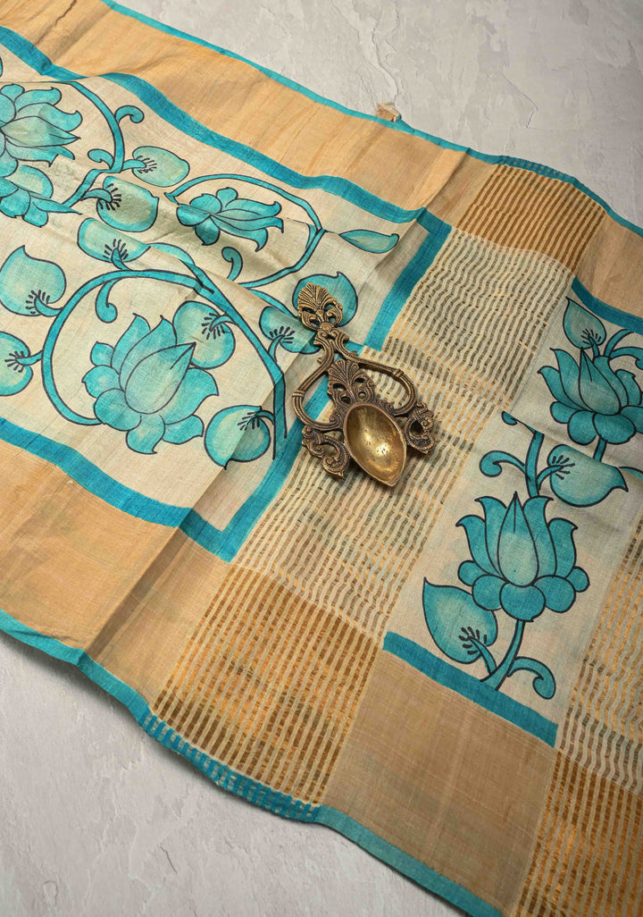 Blue Jari Tussar Saree with Kalamkari Hand Painted Kalamakri Floral Design | SILK MARK CERTIFIED (Copy)