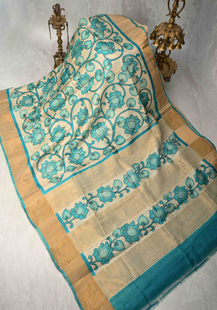 Blue Jari Tussar Saree with Kalamkari Hand Painted Kalamakri Floral Design | SILK MARK CERTIFIED (Copy)