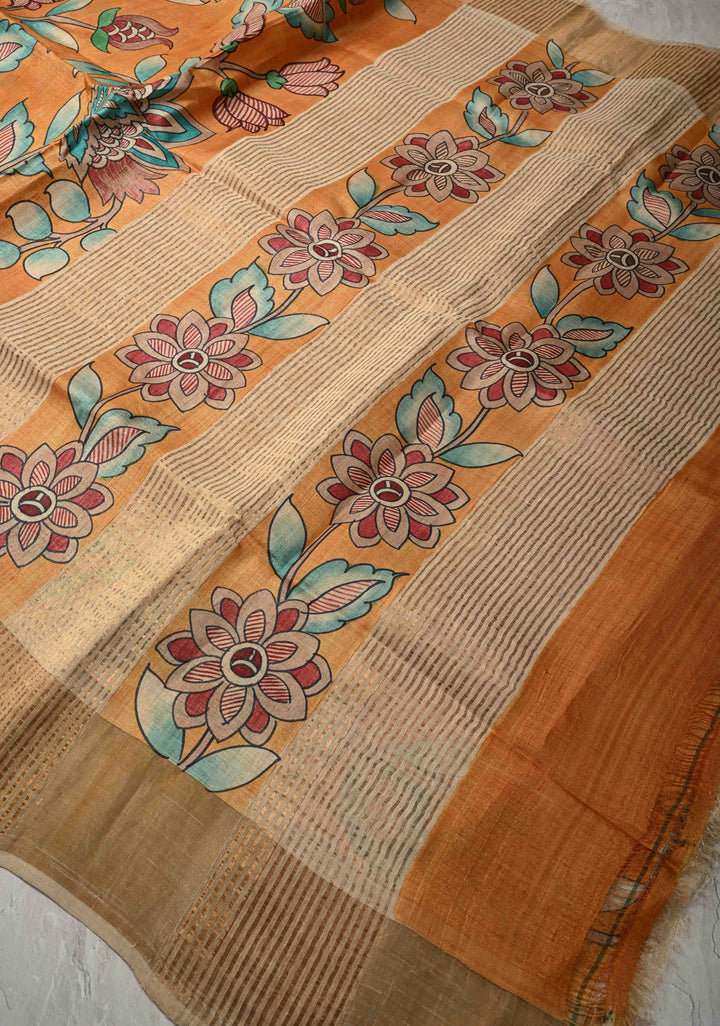 Mustard Jari Tussar Saree with Floral Kalamkari Hand Painted and Zari Border | SILK MARK CERTIFIED