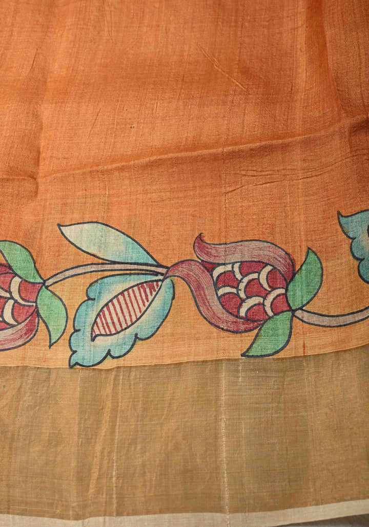 Mustard Jari Tussar Saree with Floral Kalamkari Hand Painted and Zari Border | SILK MARK CERTIFIED