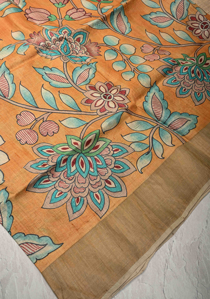 Mustard Jari Tussar Saree with Floral Kalamkari Hand Painted and Zari Border | SILK MARK CERTIFIED