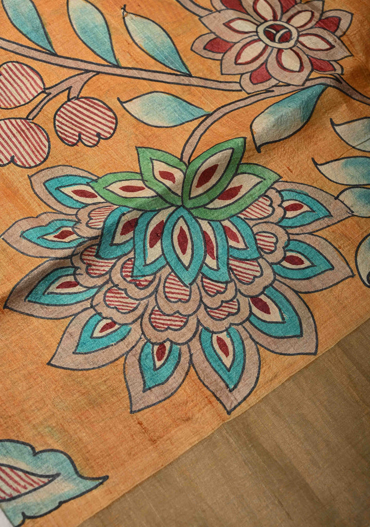 Mustard Jari Tussar Saree with Floral Kalamkari Hand Painted and Zari Border | SILK MARK CERTIFIED