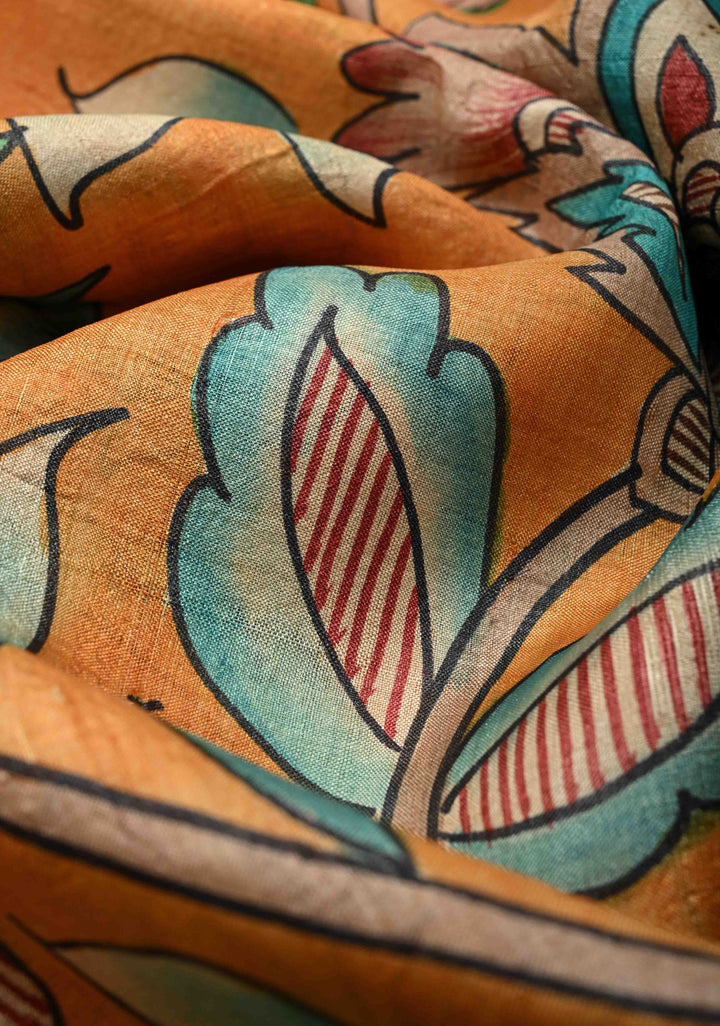 Mustard Jari Tussar Saree with Floral Kalamkari Hand Painted and Zari Border | SILK MARK CERTIFIED