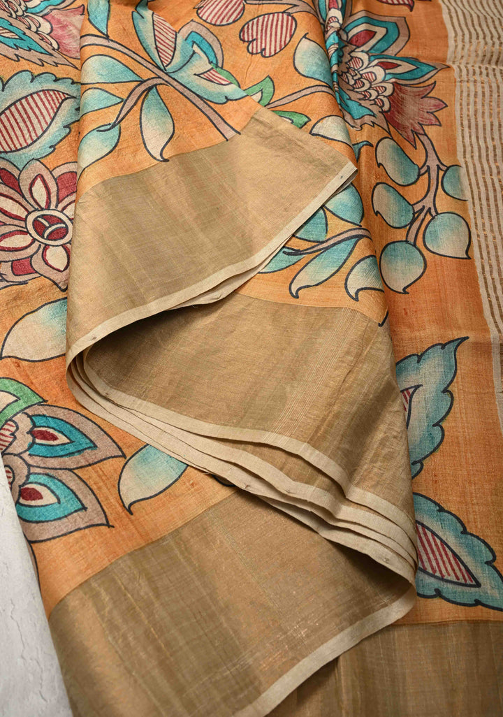 Mustard Jari Tussar Saree with Floral Kalamkari Hand Painted and Zari Border | SILK MARK CERTIFIED