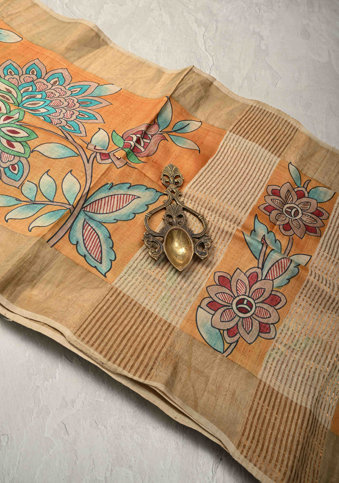 Mustard Jari Tussar Saree with Floral Kalamkari Hand Painted and Zari Border | SILK MARK CERTIFIED