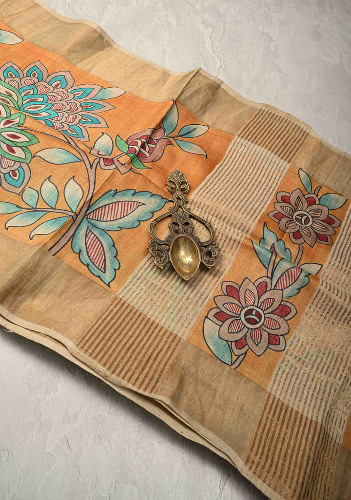 Mustard Jari Tussar Saree with Floral Kalamkari Hand Painted and Zari Border | SILK MARK CERTIFIED